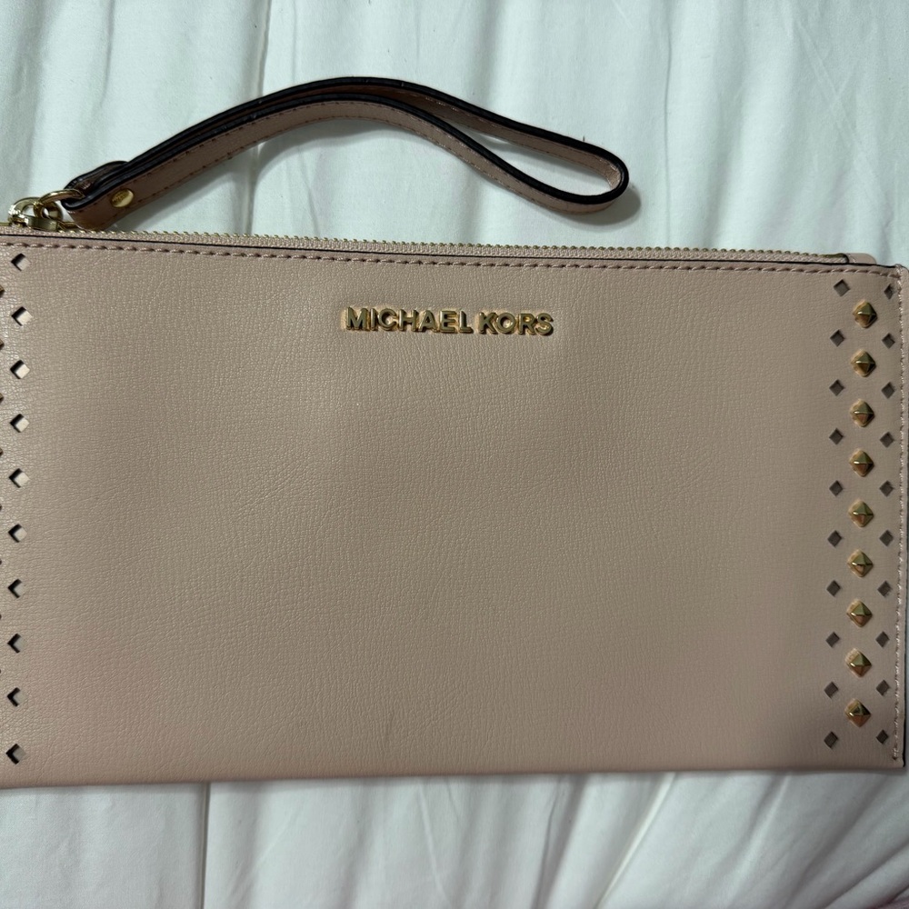 Michael Kors Pink Leather Wristlet Clutch with Gold Logo